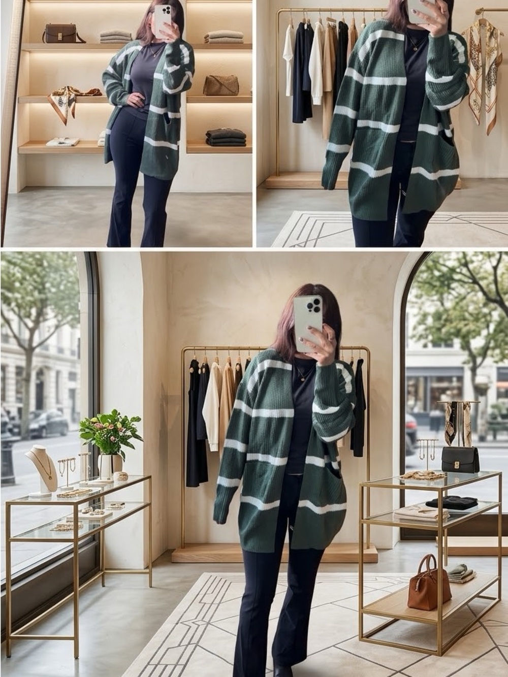 Oversized Green Striped Open-Front Cardigan Sweater